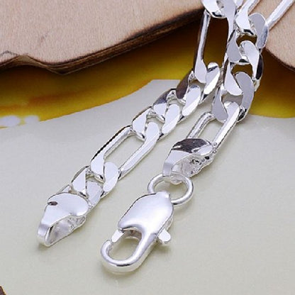 Sterling Silver 6mm Solid Figaro-Link Chain Bracelet 8", Simple and Classic.For Men or Women