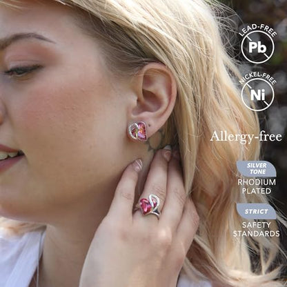 Infinity Love Heart Stud Earrings for Women, Birthstone and Healing Stone, Gifts for Mom, Wife, and Her, Silver Plated - color: 10a-October-Tourmaline Hot Pink