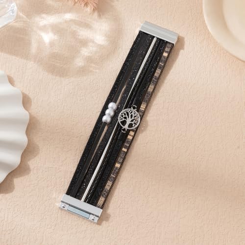 Rantanto Leather Wrap Bracelets For Women Gold Twist Lock Buckle Wrist Cuff | PU leather,Skin-friendly,Boho Stackable Wristband,Fashion Daily Jewelry,Trend Casual Party Bangle,Fit For Birthday, Holiday - color: Tree Life Black