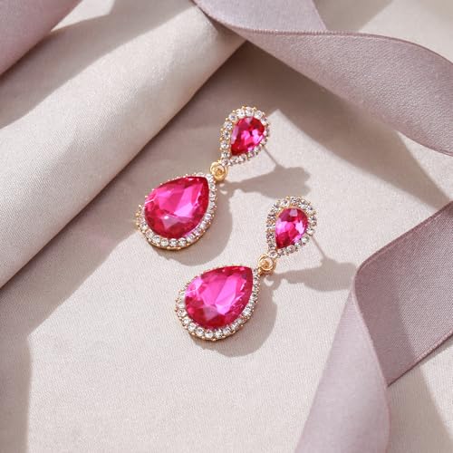 EVER FAITH Women's Austrian Crystal Wedding Tear Drop Dangle Earrings | Bridal Prom Jewelry for Bride Bridesmaid - color: Hot Pink