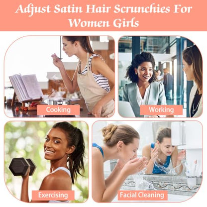 8Pcs Adjustable Length Satin Hair Ties Black Elastic Satin Hair Ties | Scrunchies, Anti-Slip Ponytail Band, Large Curly Ponytail Holder, for Women, Girls, Thick Curly Tress, Afro Puffs