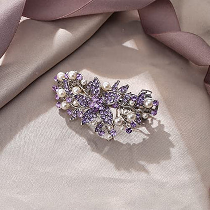 EVER FAITH Austrian Crystal Bridal Hibiscus Flower Leaf Cream Simulated Pearl Hair Clip Barrette Purple Silver-Tone - color: Purple Silver-Tone