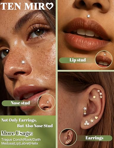 TEN MIRO Flat Back Stud Cartilage Earring for Women Tragus Piercing Jewelry | 16G 18G 20G Hypoallergenic Earrings, Gold Silver Surgical Steel Nose Studs Internal Thread Conch Ring, Helix Piercing Jewelry - color: Gold, size: 16G(1.2mm),8mm