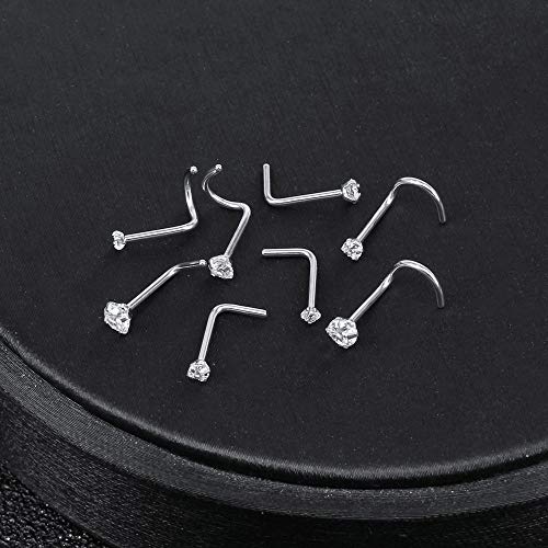 ZS 6-14PCS 20g Tiny Nose Stud Ring Piercing Surgical Steel Nose Bone/L Shaped/Nose Screws Rings Set - color: A:8pcs Mixed Style(1.5mm/2mm/2.5mm/3mm CZ)