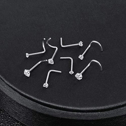 ZS 6-14PCS 20g Tiny Nose Stud Ring Piercing Surgical Steel Nose Bone/L Shaped/Nose Screws Rings Set - color: A:8pcs Mixed Style(1.5mm/2mm/2.5mm/3mm CZ)