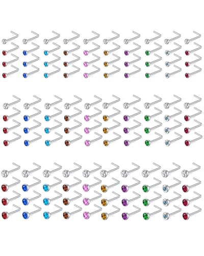 180Pcs 20G Surgical Stainless Steel Nose Rings Hoops Straight/L Shapes Nose Studs 2.0/2.5/3.0mm Cubic zirconia Hypoallergenic Nose Studs Silver Gold Rose Gold Black Rainbow Blue Lip Rings Nose Rings Piercing Jewelry Set for Women Men - style: C:120Pcs L S