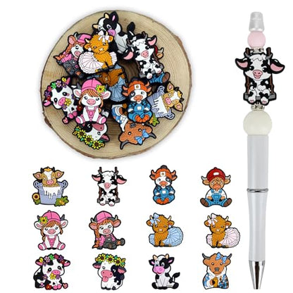 12pcs Cow Silicone Focal Beads for pens | Focal Beads for Keychain Making,Pens,Bracelet,Necklace Crafts,Bulk Silicone Beads for DIY（Cow） - color: Cow