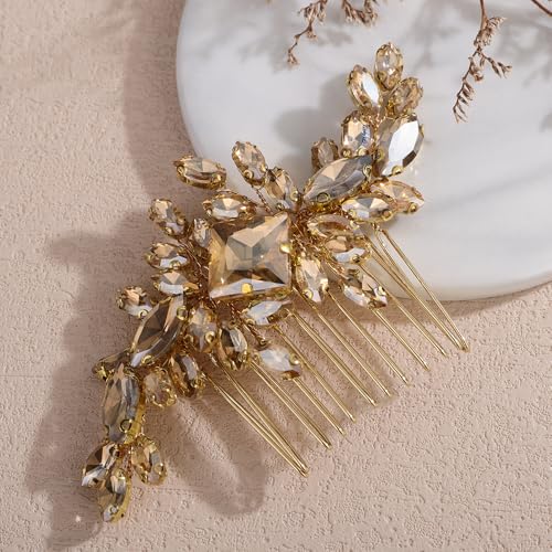 Square Rhinestone Hair Comb Silver Gold Rhinestone Wedding Headpiece Handmade Crystal Bridal Hair Comb Bridal Hairpiece for Brides Bridesmaid (champagne) - color: champagne