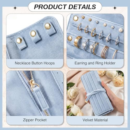 Tondiamo 1 Pcs Velvet Jewelry Roll Luxury Travel Jewelry Case for Ring Necklace Earring Bracelet Storage Bag Women Bridesmaid Gift (Light Blue) - color: Light Blue