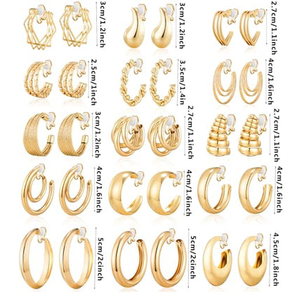 15 Pairs Gold Clip on Earrings for Women Fashion,Lightweight Fake Earrings Set - style: Style D