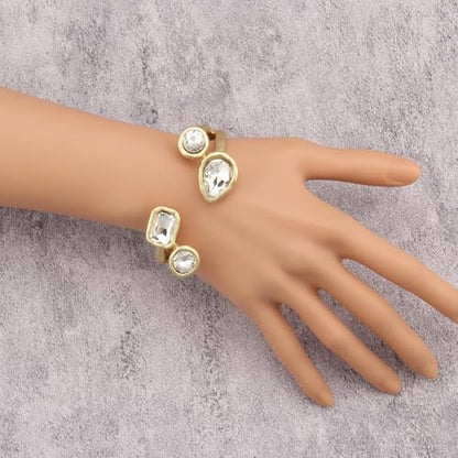 GelConnie Chunky Cuff Bangle Bracelet for Women, Statement Jewelry | Gold and Silver Tone Cuff Bangles with Resin, Crystal and Textured Accents for Party, Vacation and Dressy Looks - style: Bangle 04-Clear Crystal