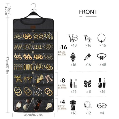 SMRITI Hanging Jewelry Organizer with Dual Zippered Pockets Canvas Double Sided Rotating Hanger Necklace Hanging Wall Organizer Earring Dustproof Holder Wall Mount Accessories Display Bag(Dark Grey) - color: #1-Dark Grey
