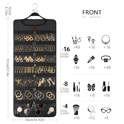 SMRITI Hanging Jewelry Organizer with Dual Zippered Pockets Canvas Double Sided Rotating Hanger Necklace Hanging Wall Organizer Earring Dustproof Holder Wall Mount Accessories Display Bag(Dark Grey) - color: #1-Dark Grey