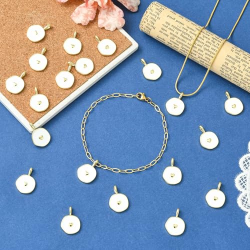 DanLingJewelry10Pcs White Heart Charms Flat Round with Heart Brass Enamel Charms for Jewelry Making Bracelet Earrings Necklace