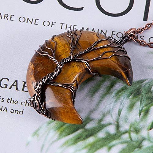 Bivei Life Tree Crescent Moon Necklaces for Women | Copper Wire Wrap Gemstones Pendant Crystals and Natural Stones Necklace Witch Jewellery Christmas Valentine's Day for Friends - color: Brown - Tiger Eye Stone, style: Pack of 1