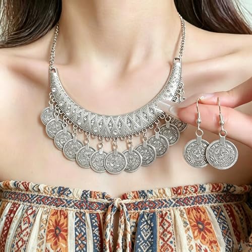 Chunky Coin Necklace Earrings Set,Bohemia Plated Gold Coin Tassel Personalized Choker Earrings,Ethnic Gypsy Statement Jewelry Set for Women - color: Silver