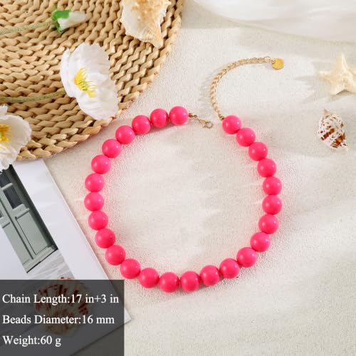 Chunky Beaded Necklace for Women 16mm Round Bead Resin Modern Statement Necklace Jewelry Accessories - color: rose red