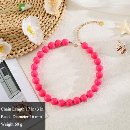 Chunky Beaded Necklace for Women 16mm Round Bead Resin Modern Statement Necklace Jewelry Accessories - color: rose red