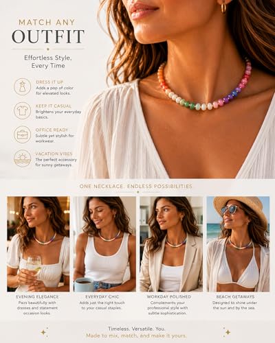 AMOREA Colorful Natural Gemstone Choker Necklace for Women, 5x8mm Genuine Stone Beads, Gold Accent Collarbone Necklace, Summer Vacation Jewelry - color: Sunset Candy