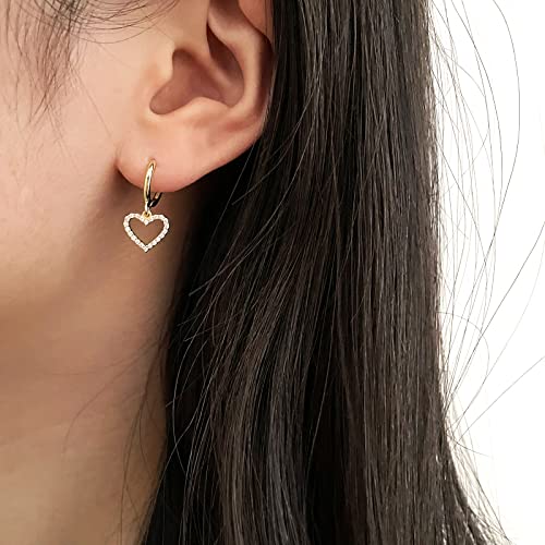DAILY VIBES Cute Gold Mini Dangle Huggie Hoop Earrings for Women Trendy | 14K Gold Plated, Dainty Cubic Zirconia, Small Hoop Earrings with Charm Drop, Jewelry Gift for Women Ladies - color: Hollow Heart CZ