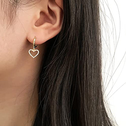 DAILY VIBES Cute Gold Mini Dangle Huggie Hoop Earrings for Women Trendy | 14K Gold Plated, Dainty Cubic Zirconia, Small Hoop Earrings with Charm Drop, Jewelry Gift for Women Ladies - color: Hollow Heart CZ