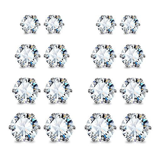 JewelrieShop Stud Earrings Surgical Steel Earrings for Sensitive Ears Stud Earrings Pack Hypoallergenic Cubic Zirconia Earrings for Women (Silver, 3-8mm, 5 Pairs / 6 Pairs / 8 Pairs) - color: 8 Pairs White CZ & Silver Post (4-8mm, 6 Prong)
