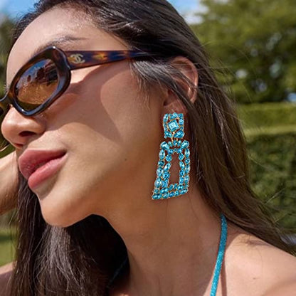 Flyonce Rectangle Clip-on Drop Earrings for Women, Sparkly Rhinestone Crystal Geometric Statement Non Pierced Earring Wedding Prom Party Jewelry for Brides Bridesmaid - color: Light Blue