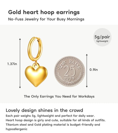 18K Gold Plated & Silver Chunky Heart & Bow Earrings for Women, Chunky Heart Dangle Hoops/Tiny Studs, Kawaii Dainty Hypoallergenic Jewelry for Multiple Piercings, Gift for Her - style: Chunky Heart Dangle