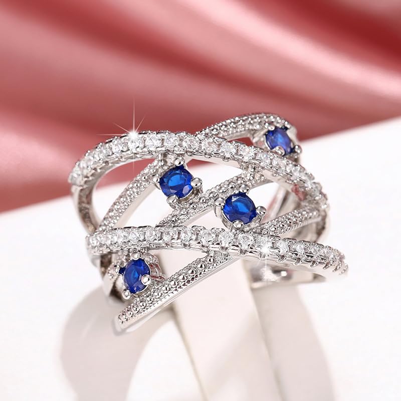 PAVOOI 14K Gold Plated X Ring Simulated Diamond CZ Criss Cross Ring for Women Juude Jewelers Silver Rose Gold Braided Wrap Knot Style Promise Statement Cocktail Party Ring(Silver Blue.A-US Code-6) - color: Silver Blue.A, size: (US Code-6)