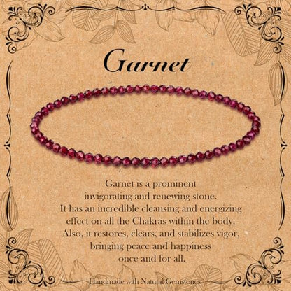 BONNY BOXX Natural Genuine Gemstone Faceted Round Beads Bracelets, 3mm Adjustable Stretchy Tiny Faceted Black Tourmaline Bracelet, Healing Crystal Reiki Chakra Dainty Jewelry Fashion Gifts - color: Garnet