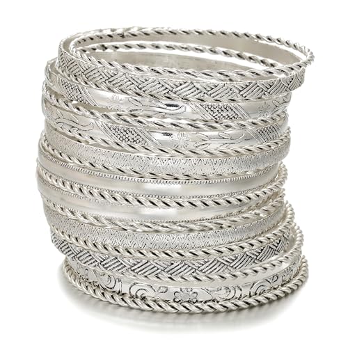 Gold Bangles for Women, 12 Pcs Boho Stackable Bracelets Multi Layer Textured Chunky Bracelets Jewelry Set for Women - color: Style F- 19 pcs silver