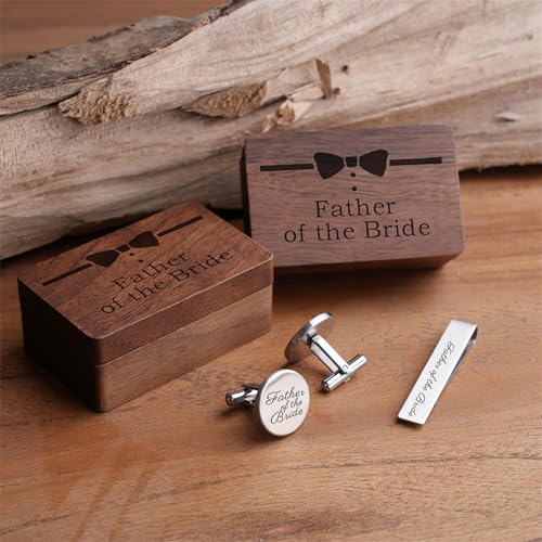 Father of the Bride Gift Set, Wooden Box with Cufflinks and Tie Clip, Bow Tie Design, Wedding Keepsake - color: C1