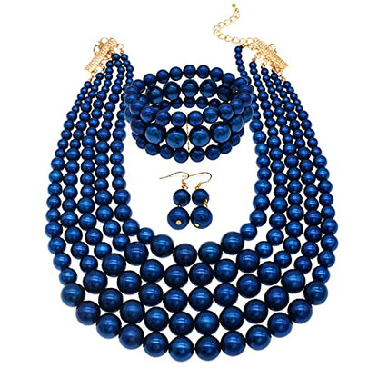 JNF Large Faux Pearl Necklaces for Women Multi strand Pearl Necklace Bracelet and Earrings Set 1920s Costume Pearls Necklace Jewelry Accessories - color: Royal blue pearl necklace