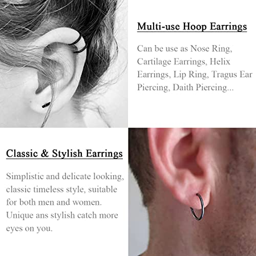 EPIRORA Sterling Silver Hoop Earrings for Women Men, Hypoallergenic Cartilage Earring Endless Small Hoop Earrings Set, 3 Pairs Tragus Earrings (8mm/10mm/12mm) - style: 4# 3 Pairs(8/10/12mm)-Black