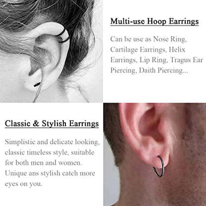 EPIRORA Sterling Silver Hoop Earrings for Women Men, Hypoallergenic Cartilage Earring Endless Small Hoop Earrings Set, 3 Pairs Tragus Earrings (8mm/10mm/12mm) - style: 4# 3 Pairs(8/10/12mm)-Black