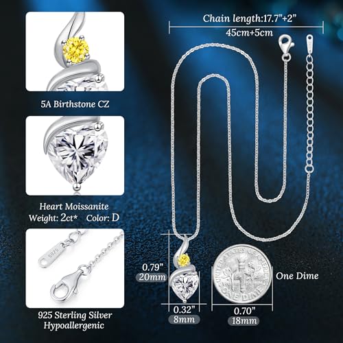 ANDSO Heart Moissanite Necklaces Birthday Jewelry Gifts for Women | S925 Silver /Gold Plating Birthstone Necklace, Ideal Anniversary Christmas Valentine Present for Mom Wife Her Girlfriend - style: Silver-2 Carat-Citrine Yellow