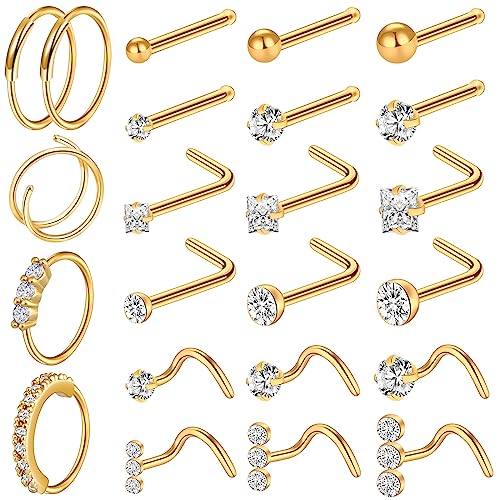 23-40 Pcs Gold Nose Rings & Studs - 18G & 20G Nose Piercing Jewelry - L Shape, Hoop & Screw Body Jewelry for Women & Men - color: Gold-D-18G