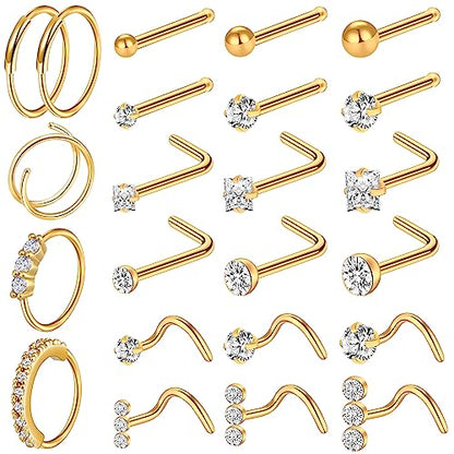 23-40 Pcs Gold Nose Rings & Studs - 18G & 20G Nose Piercing Jewelry - L Shape, Hoop & Screw Body Jewelry for Women & Men - color: Gold-D-18G