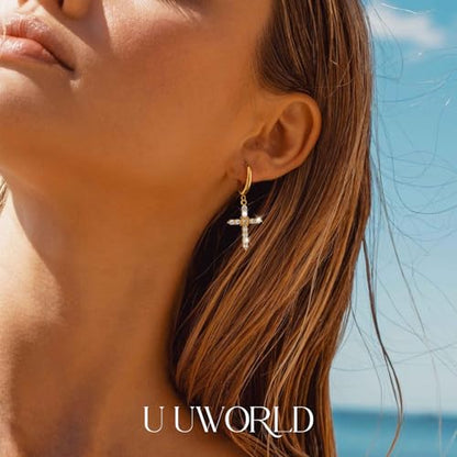 Gold Dangle Earrings for Women,Horseshoe Hoop Huggie Earrings with Heart Cubic Zirconia Hypoallergenic Lightweight Dangling Earrings Lucky Jewelry Gifts Perfect for Christmas,Birthday,Anniversary - style: Sun in Cross