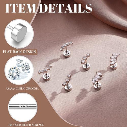 14K Gold Plated 925 Sterling Silver Flat Back Earrings Set | Hypoallergenic Cartilage Helix Conch Tragus Piercing Jewelry 3 Pairs Small Screw Dainty CZ Opal Earring Set Men Women - color: Silver, Style G