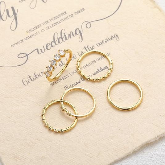 5PCS Gold Rings for Women, Statement Gold Knuckle Rings Set, Dainty 14K Gold Plated Stacking Cubic Zirconia Thumb Rings - size: 7