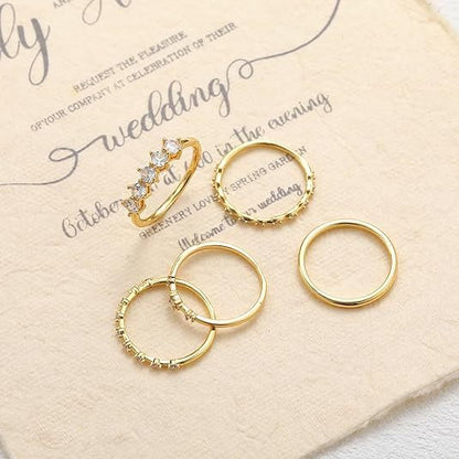 5PCS Gold Rings for Women, Statement Gold Knuckle Rings Set, Dainty 14K Gold Plated Stacking Cubic Zirconia Thumb Rings - size: 7