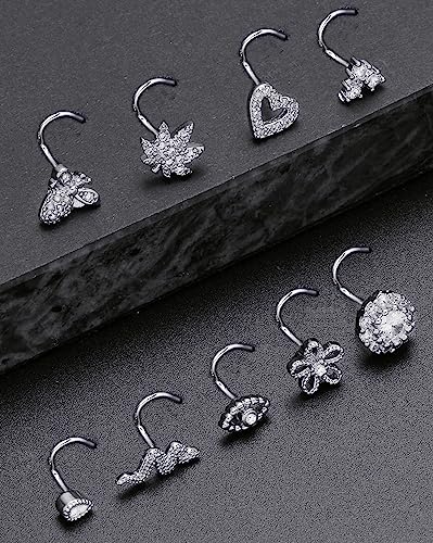 Tornito 16Pcs Nose Stud Rings L Screw Shaped Nose Ring Flower Snake Butterfly Heart Eye CZ Dangle Nose Rings Stud Body Piercing Jewelry for Women Men 20G Silver Pink Tone - color: D:Silver CZ(Screw Shaped)