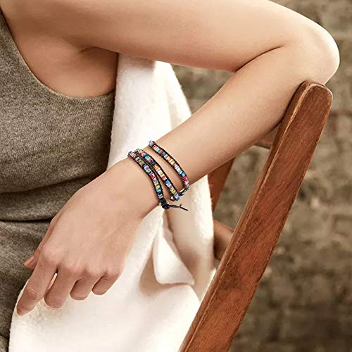 Emibele Layered Leather Bracelet, Rivet Leopard Print Bohemian Style Multilayer Wrap Bracelet, Handmade Agate Amethyst Chakra Crystal Glass Beaded Shell Bracelet for Women - color: Crystal Glass