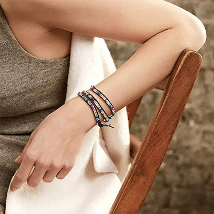 Emibele Layered Leather Bracelet, Rivet Leopard Print Bohemian Style Multilayer Wrap Bracelet, Handmade Agate Amethyst Chakra Crystal Glass Beaded Shell Bracelet for Women - color: Crystal Glass