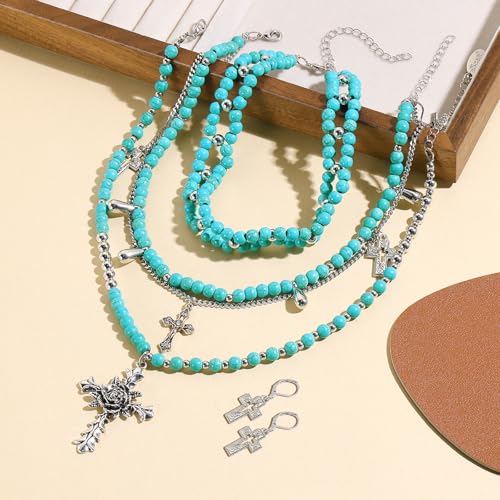Bocar Gothic Cross Layered Pearl Necklace Chunky Statement Stacked Necklace Y2K Silver Layered Necklace for Women (NK-10769) - color: Tur