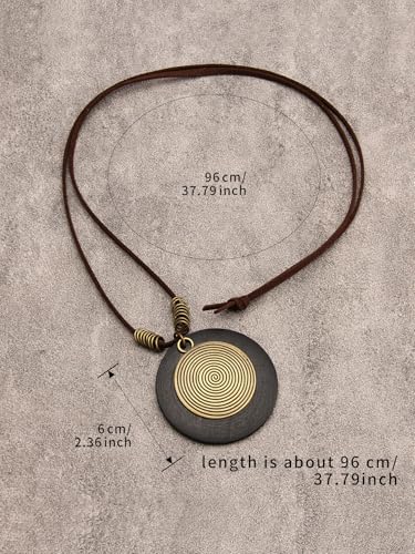 GelConnie Leather Necklace for Women Round Wooden Pendant Long Leather Choker Vintage Sweater Necklace Gold Chunky Boho Necklaces for Women - style: Black Wooden Necklae