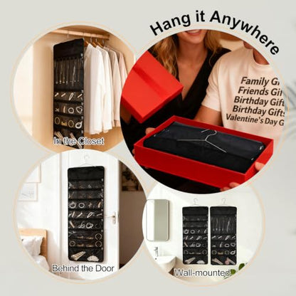 Hanging Jewelry Organizer Storage Roll 41 Pockets and 7 Necklace Hooks with Detachable Hanger Double-Sided Foldable, Travel Jewelry Holder for Earrings, Rings, Bracelets, Hanging on Closet, Wall, Door - size: 41 Dual Zippered Pockets