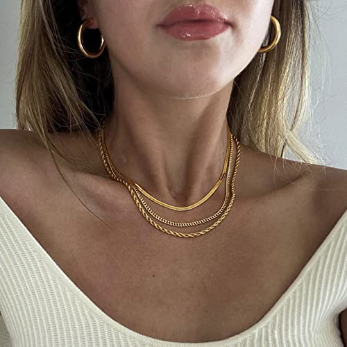 DEARMAY 14K Gold Plated Herringbone Necklaces for Women, Dainty Gold Snake Choker Chain Non Tarnish Trendy Simple Thin & Chunky Options Neckalce 1.5/3/5/6/8mm Chain Jewelry for Gifts - color: 3Pcs Gold Necklace Set (Herringbone+Cuban+Rope)