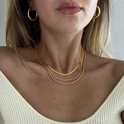 DEARMAY 14K Gold Plated Herringbone Necklaces for Women, Dainty Gold Snake Choker Chain Non Tarnish Trendy Simple Thin & Chunky Options Neckalce 1.5/3/5/6/8mm Chain Jewelry for Gifts - color: 3Pcs Gold Necklace Set (Herringbone+Cuban+Rope)